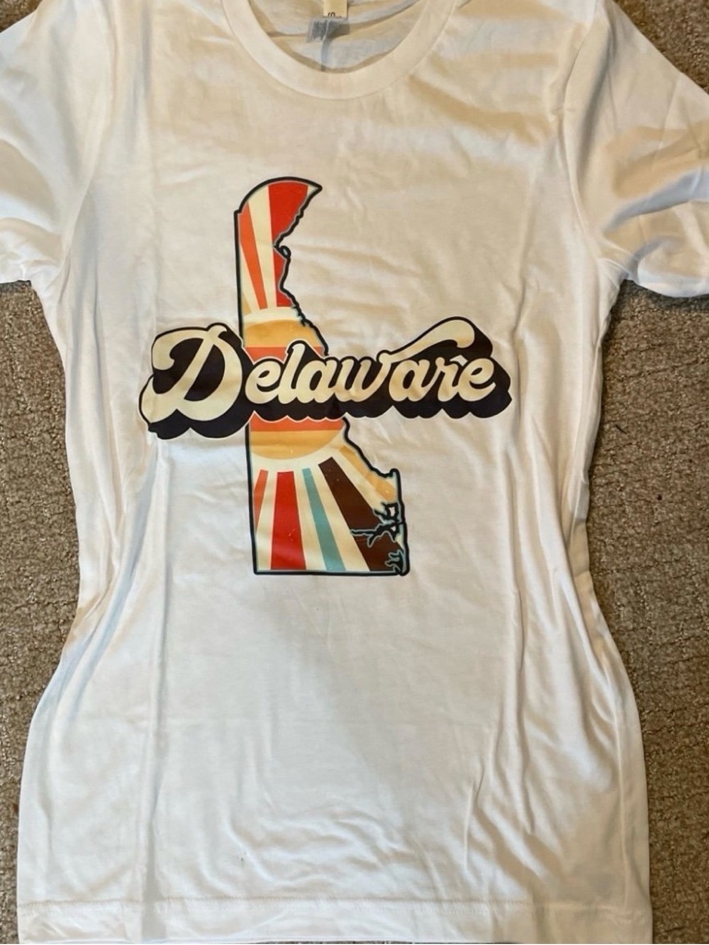 Bella Canvas White Tee with Multicolor Retro Delaware Graphic
